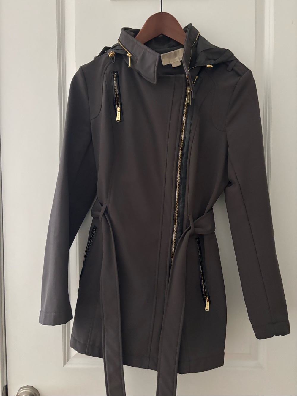 MICHAEL Michael Kors Dark Gray Hooded Trench Coat with Belt